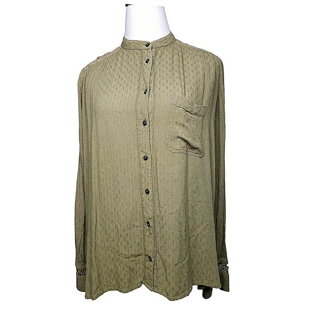 Free People The Best Buttondown Crochet Back Romantic Neutral Rayon Boho Lace ML - Picture 4 of 11